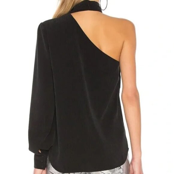 AG Adriano Goldschmied Women's Malia Tie Neck One Sleeve Top Blouse Black XS NWT - Picture 5 of 5
